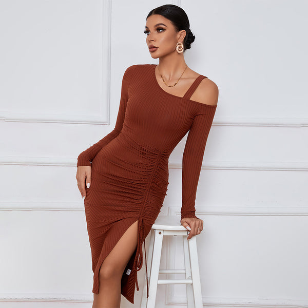 Slit Off-shoulder Long Sleeve Sexy Hip-hugging Midi Dress