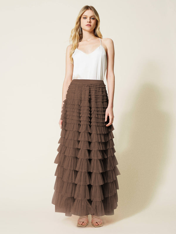 Elegant Solid Color High-Waisted Tulle Puff Skirt