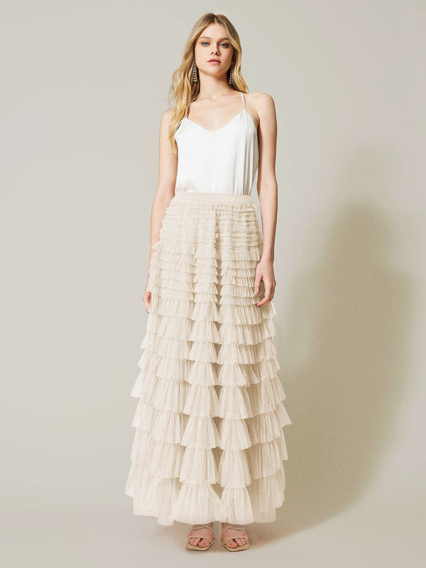 Elegant Solid Color High-Waisted Tulle Puff Skirt