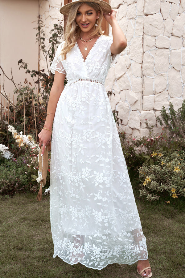 Hollow Out Floral Lace Solid Color V-neck Maxi Dress