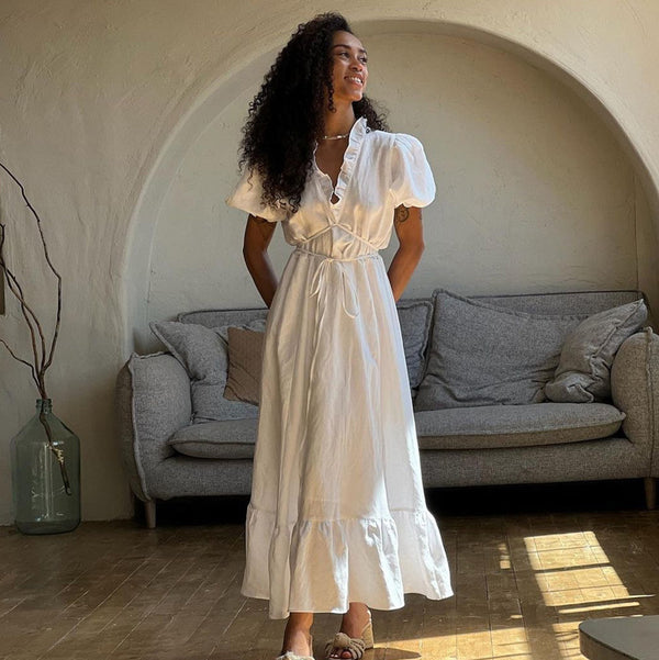 Summer Short Sleeve French Style White V-Neck Casual Maxi Dress