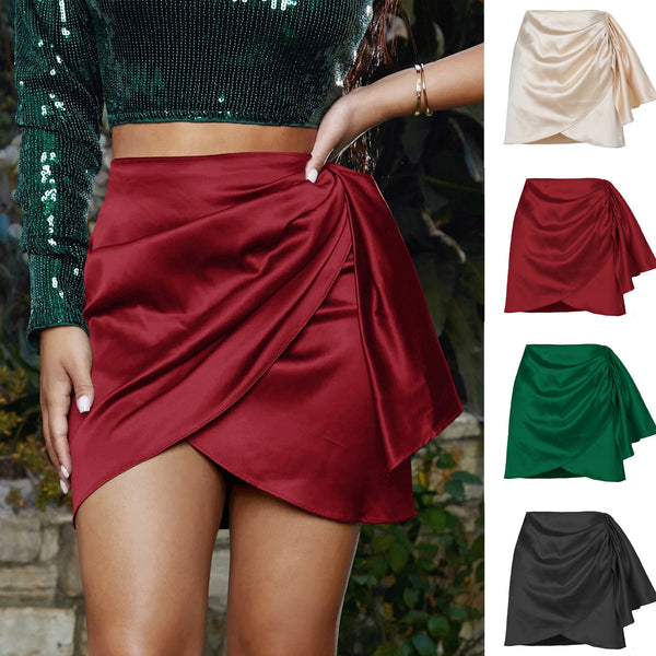 Irregular Zipper Skirt Pleated Design Satin High Waist Skirt