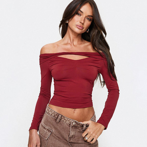 Solid Color Off-Shoulder Long Sleeve Sexy Hollow Out T-Shirt Top