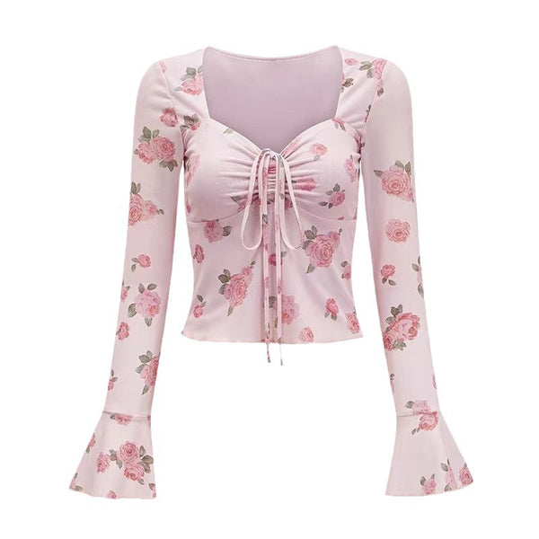 Rose Flare Sleeve Fitted Long Sleeve Blouse