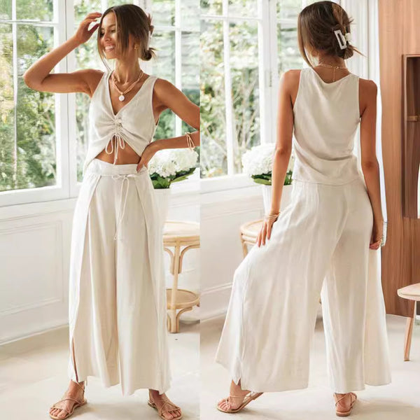 Solid Colour Drawstring Short Sleeve Top Wide Leg Split Trousers Set