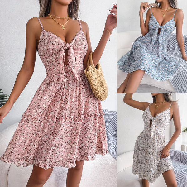 Floral Bow Tie V-neck Ruffle Hem Spaghetti Strap Midi Dress