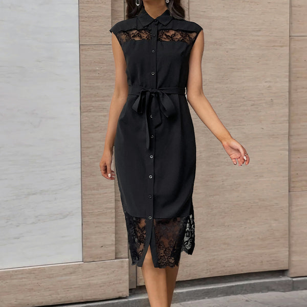 Summer New Turn-Down Collar Solid Color Maxi Dress