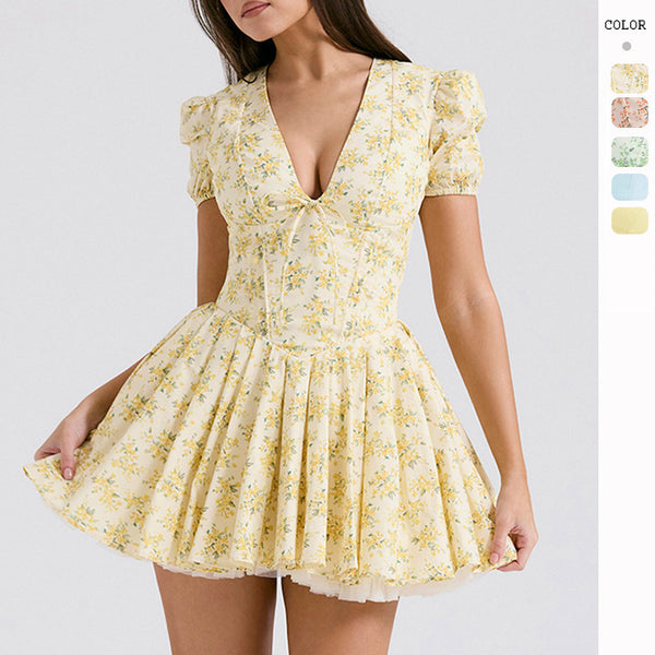 Floral Puff Sleeve Ballet Cinched Waist Mini Dress