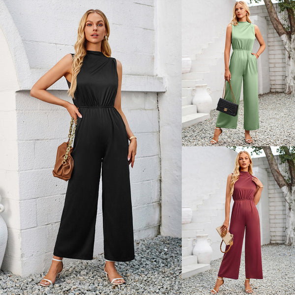 Cowl Neck Solid Color Hollow Out Jumpsuit