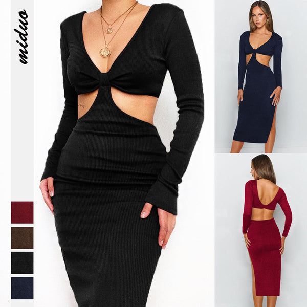 V-neck Long Sleeve Open Back Waist-Revealing Midi Dress