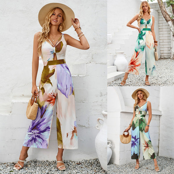 Summer Fashion Casual Hot New Printed Strap Hollow Out Jumpsuit