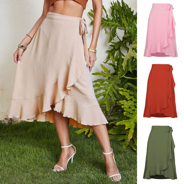 Summer One-Shoulder Strap Irregular Solid Color Maxi Skirt