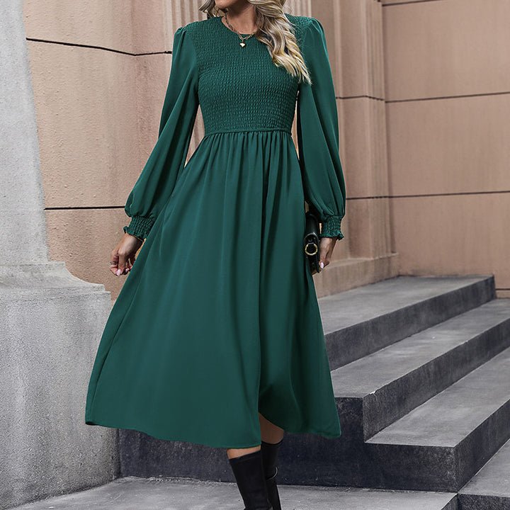 Solid Color Long Sleeve Silky Round Neck Maxi Dress - ONEK