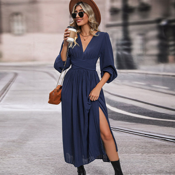 Autumn New Long Sleeve Solid Color Midi Dress - ONEK