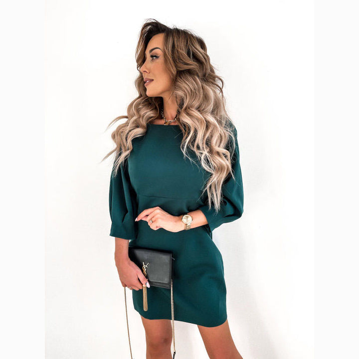 Elegant Seven-quarter Sleeve Solid Color Bowknot Mini Dress - ONEK