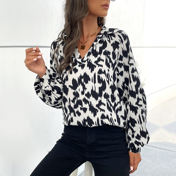 New Style Turn-down Collar Long Sleeve Leopard Print Blouse for Women