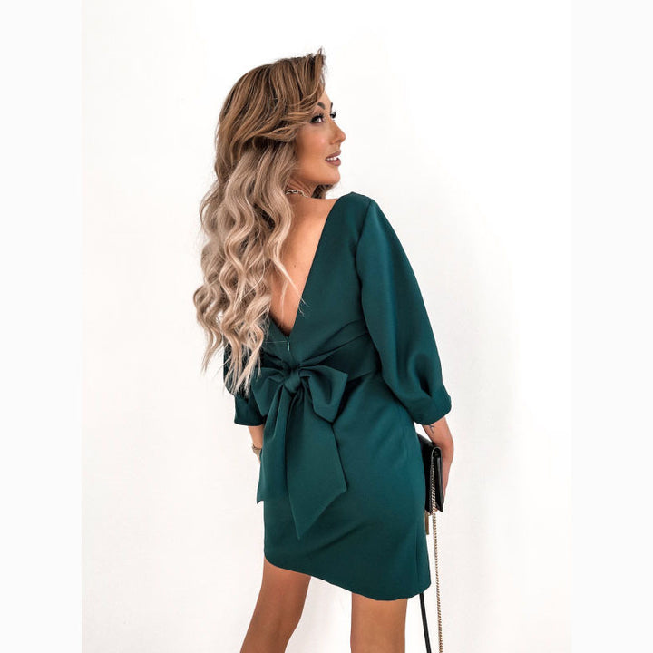 Elegant Seven-quarter Sleeve Solid Color Bowknot Mini Dress - ONEK