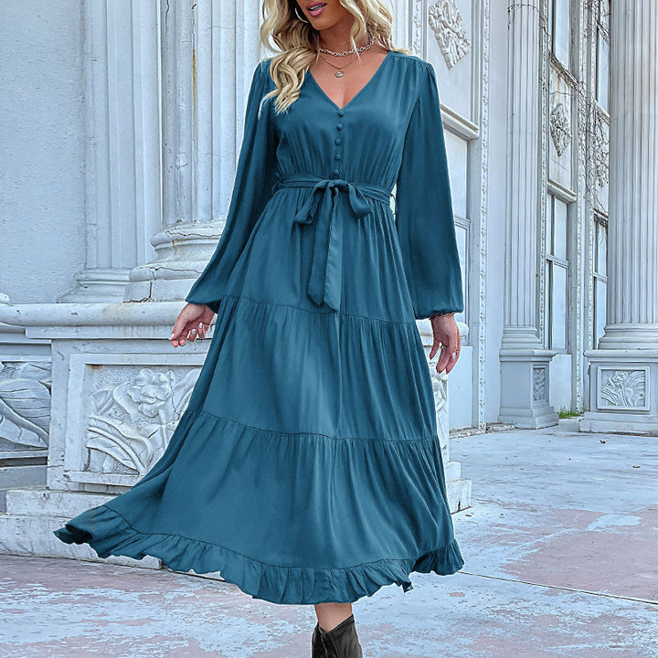 New Stylish Women's Long Sleeve Solid Color Maxi Dress - ONEK