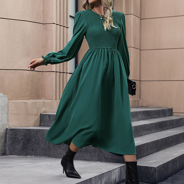 Solid Color Long Sleeve Silky Round Neck Maxi Dress - ONEK