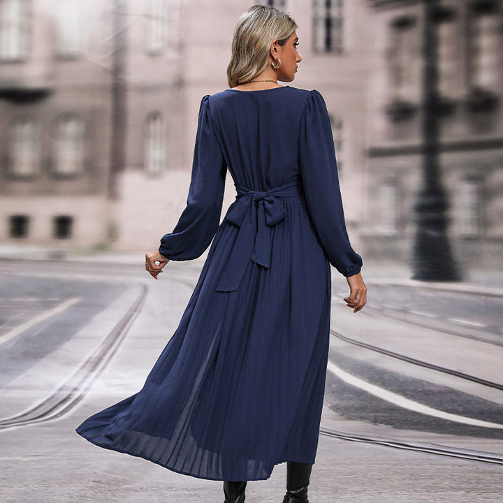 Autumn New Long Sleeve Solid Color Midi Dress - ONEK