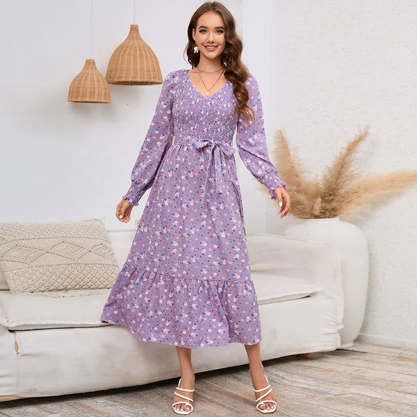 Slim-fit Flared Long Sleeve V-neck Floral Maxi Dress