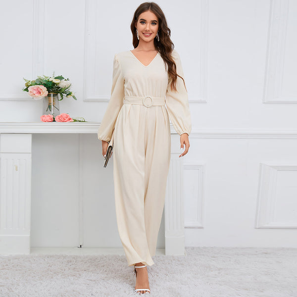 Casual Solid Color V-neck Long Sleeve Slim-fit Jumpsuit