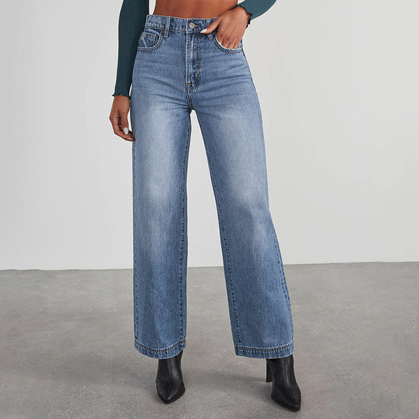 Slim-fit High Elasticity Mid-waist Straight-leg Women's Denim Pants