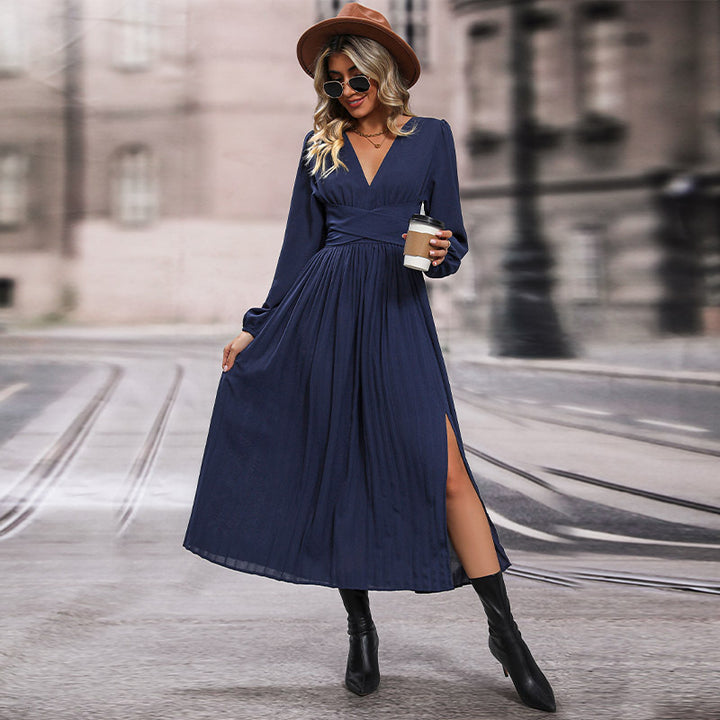 Autumn New Long Sleeve Solid Color Midi Dress - ONEK