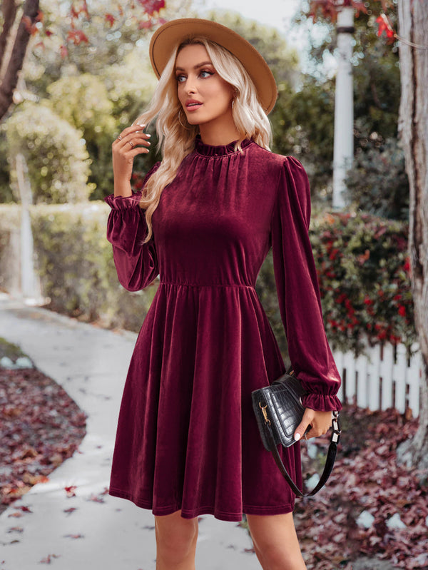 Long Sleeve Casual High Neck Velvet Solid Color Cinched Waist Dress