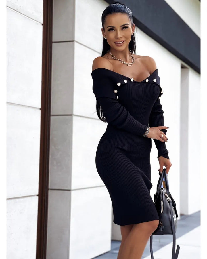 Buttoned Cinched Waist Long Sleeve Knitted Bodycon Dress - ONEK