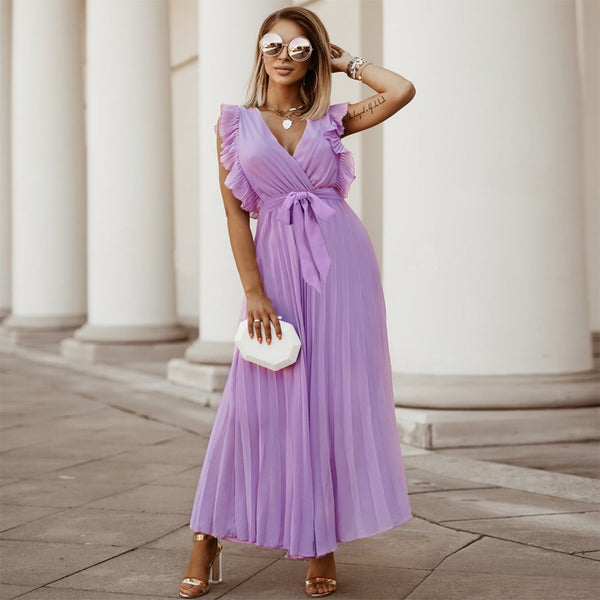 Elegant Beach Bodycon Sexy Ruffle Sleeve Chiffon Pleated   Solid Color Maxi Dress