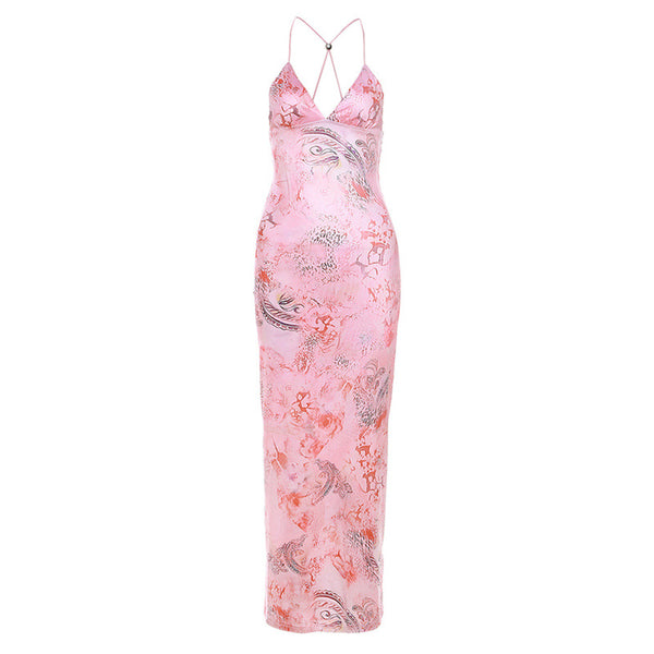 New Trendy Hanging Neck Backless Slim-fit Printed Bodycon Dress - ONEK