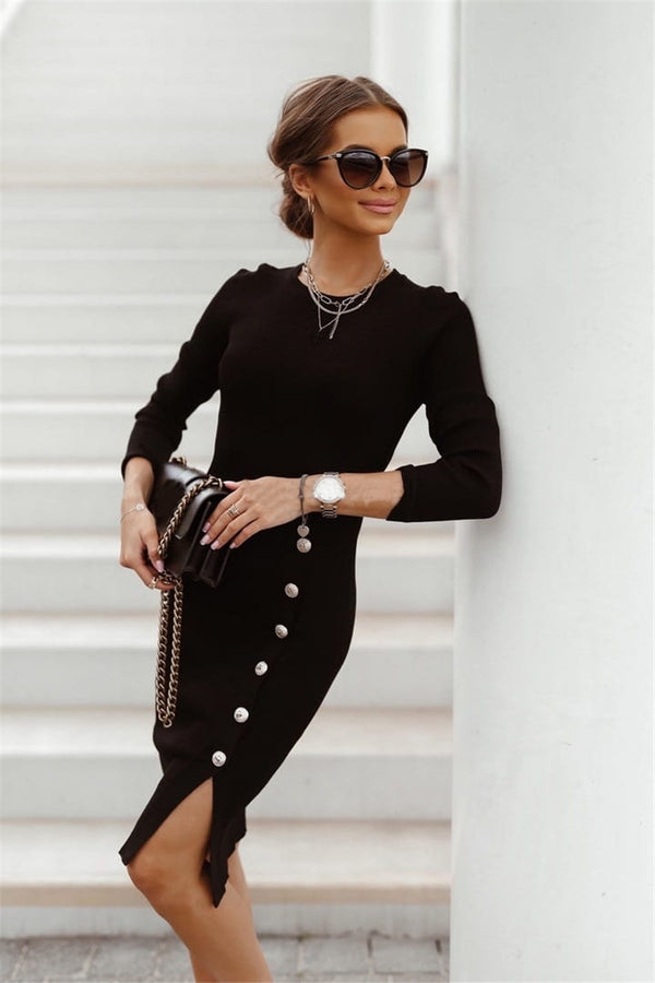 Elegant Split Button Round Neck Long Sleeve Knitted Dress - ONEK