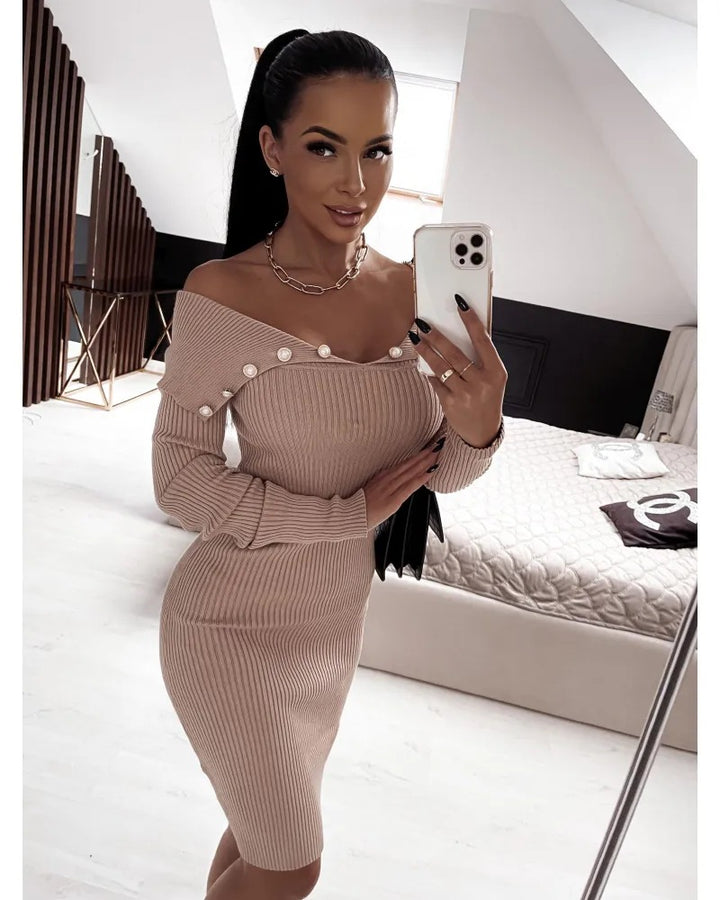 Buttoned Cinched Waist Long Sleeve Knitted Bodycon Dress - ONEK