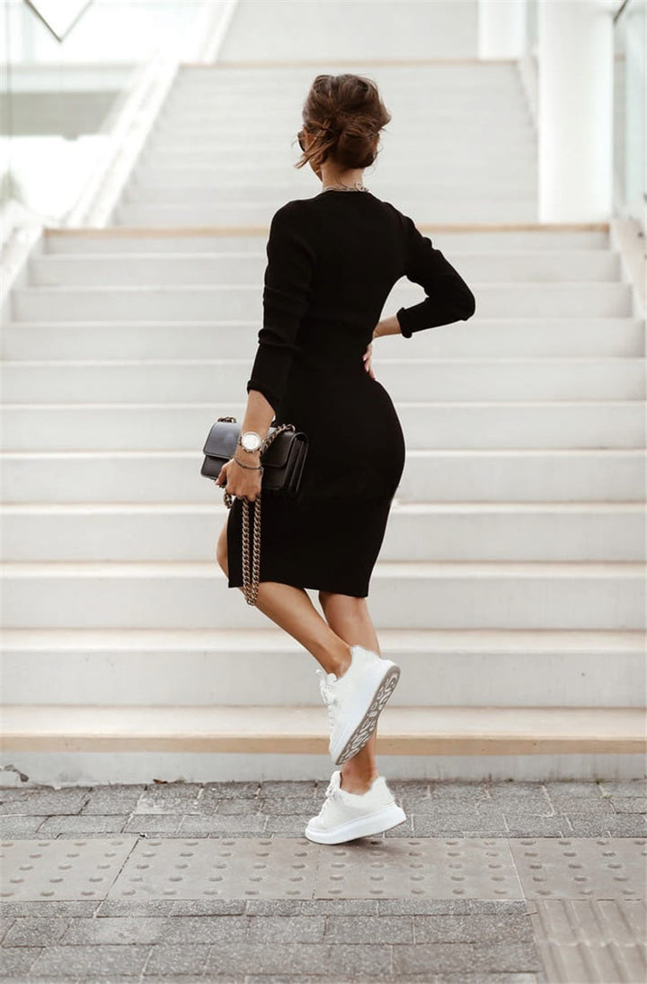 Elegant Split Button Round Neck Long Sleeve Knitted Dress - ONEK