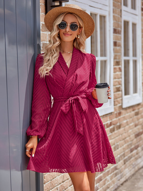 Casual Solid Color Belted Long Sleeve V-neck Perspective Dress