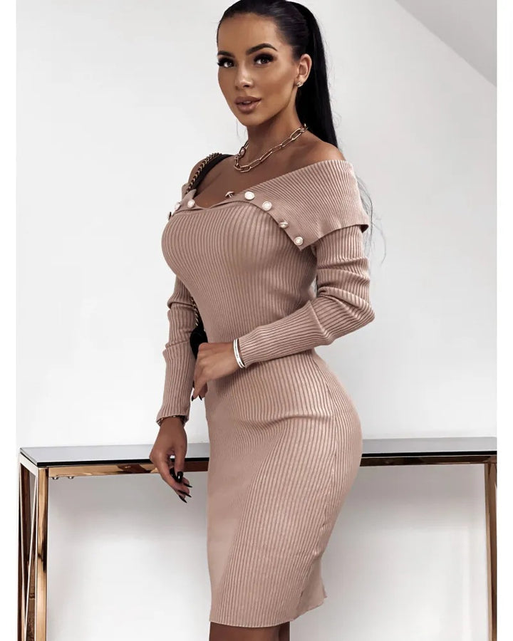 Buttoned Cinched Waist Long Sleeve Knitted Bodycon Dress - ONEK