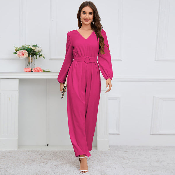 Casual Solid Color V-neck Long Sleeve Slim-fit Jumpsuit