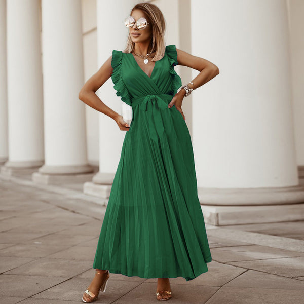 Elegant Beach Bodycon Sexy Ruffle Sleeve Chiffon Pleated   Solid Color Maxi Dress