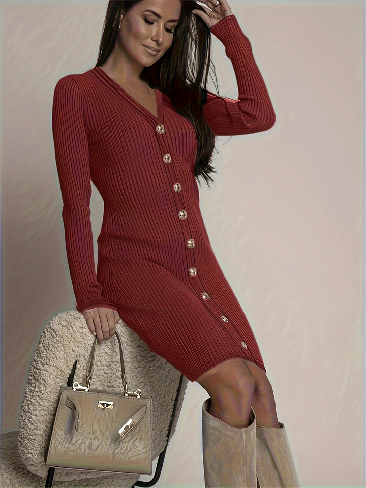 Solid Color Striped Long Sleeve V-neck Commuting Button Sweater Mini Dress - ONEK