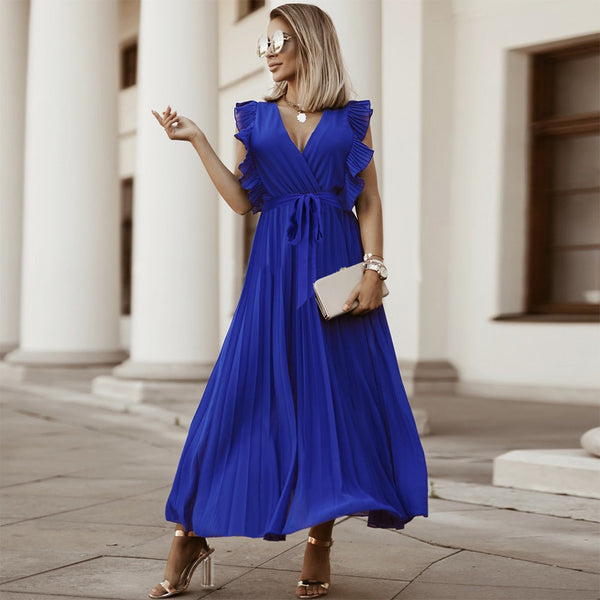 Elegant Beach Bodycon Sexy Ruffle Sleeve Chiffon Pleated   Solid Color Maxi Dress