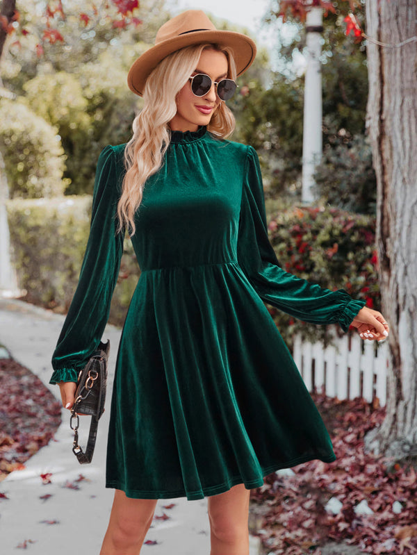 Long Sleeve Casual High Neck Velvet Solid Color Cinched Waist Dress