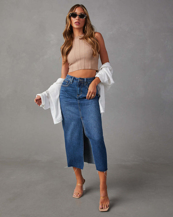 Slit Denim Skirt High-waisted Washed A-line Midi Skirt