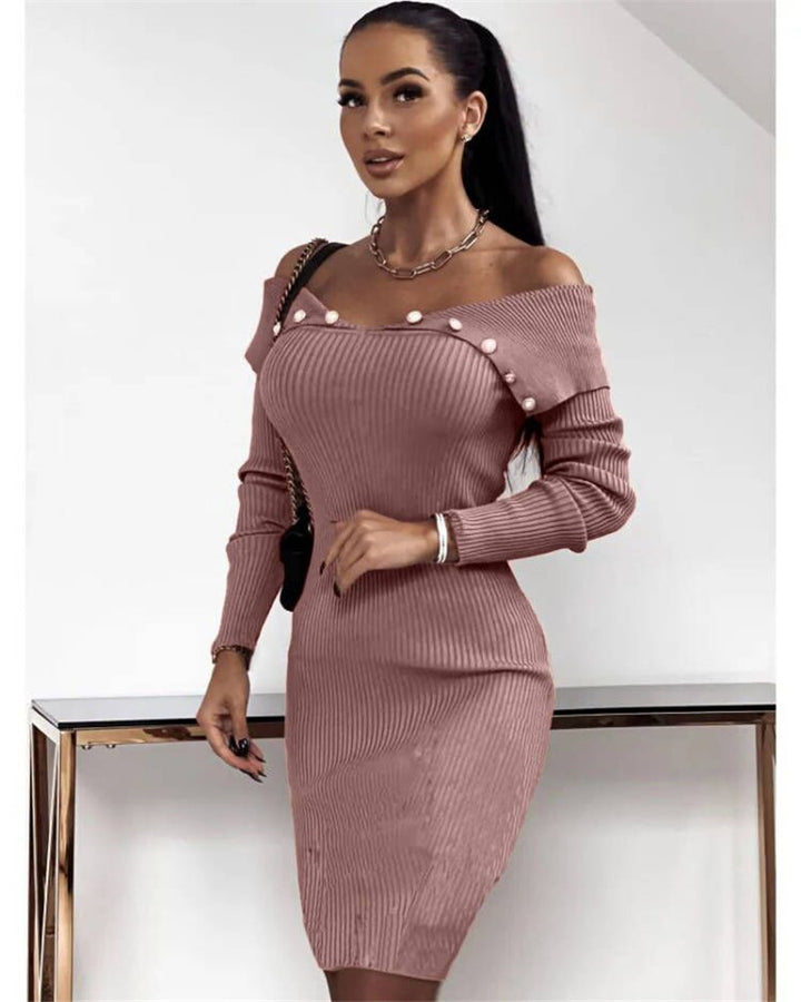 Buttoned Cinched Waist Long Sleeve Knitted Bodycon Dress - ONEK