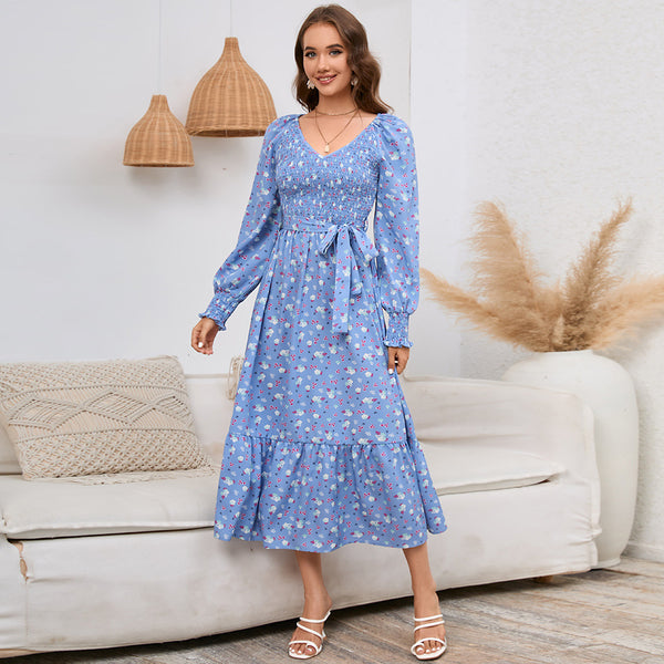 Slim-fit Flared Long Sleeve V-neck Floral Maxi Dress