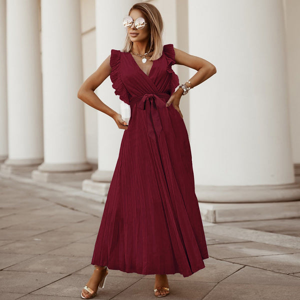 Elegant Beach Bodycon Sexy Ruffle Sleeve Chiffon Pleated   Solid Color Maxi Dress