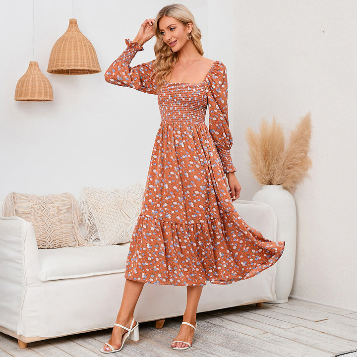 Long Sleeve Chiffon Square Neck Floral Dress - ONEK