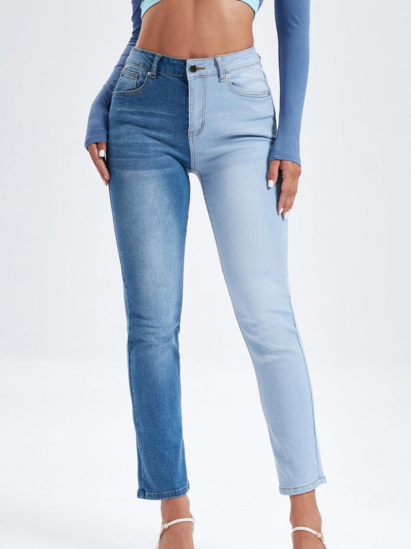 Colorblock Button Front Pocket Slim Jeans