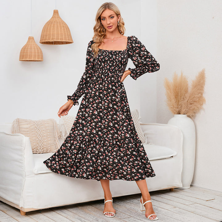 Long Sleeve Chiffon Square Neck Floral Dress - ONEK