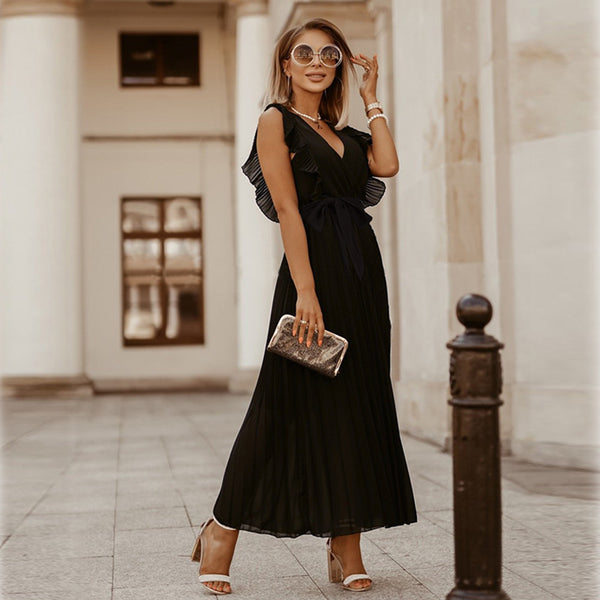 Elegant Beach Bodycon Sexy Ruffle Sleeve Chiffon Pleated   Solid Color Maxi Dress